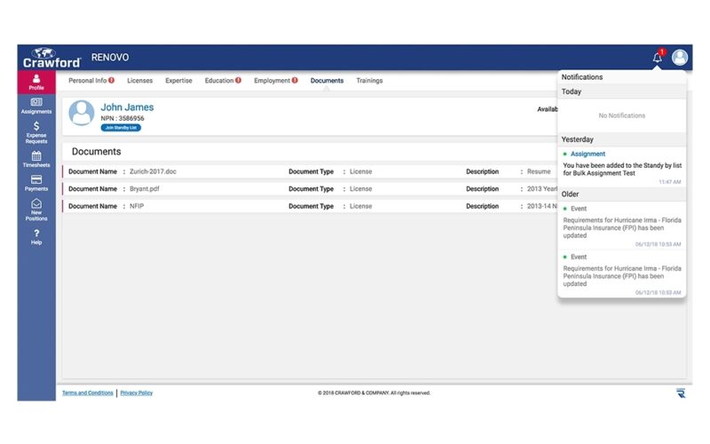 Screenshot of the Renovo catastrophe adjuster app from Crawford