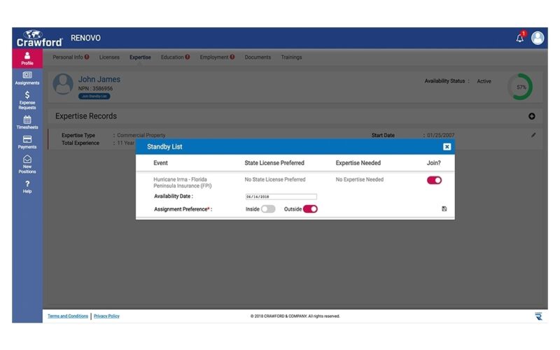 Screenshot of the Renovo catastrophe adjuster app by Crawford and Company