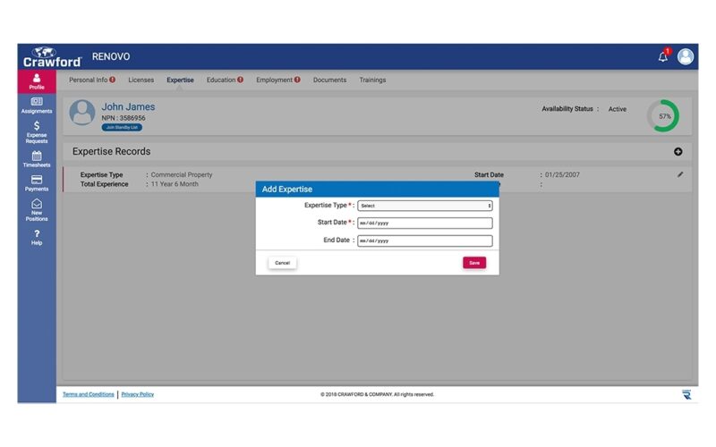 Screenshot of the Renovo catastrophe adjuster application from Crawford and Company