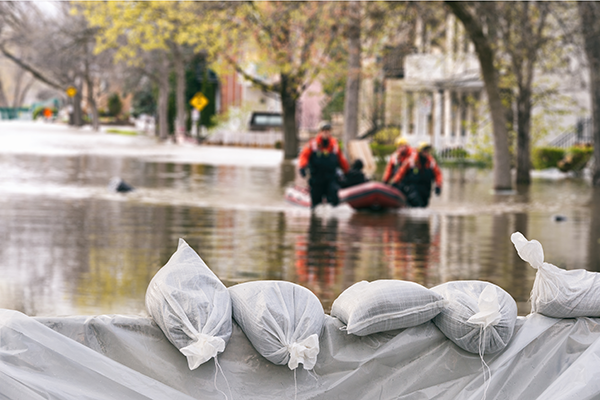 Catastrophe adjusters accessing flooded areas by boat.